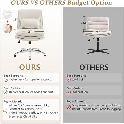 VINGLI Cloud Criss Cross Legged Chair,18" High Back Armless Home Office Desk Chair no Wheel,Wide Adjustable Comfy Padded Seat Task Computer Chair,Modern Swivel Makeup Vanity Chair,Microfiber,Beige