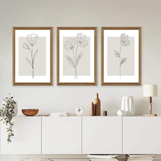 ICHZUMW Neutral Botanical Floral Wall Art, Black and White Farmhouse Flowers Wall Decor, Modern Minimalist Line Art Canvas Prints, Beige Artwork, Living Room Bedroom Home Office, Set of 3, 20x30in