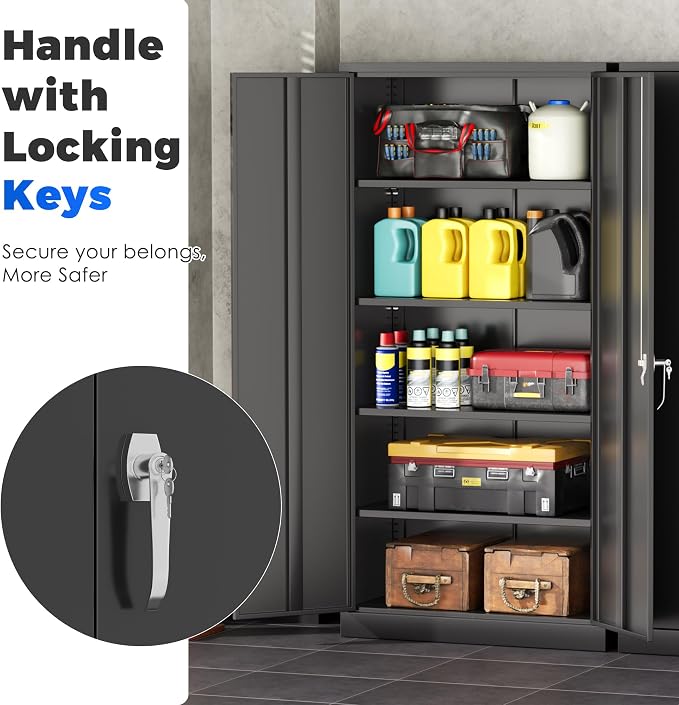 INTERGREAT Metal Garage Storage Cabinet with Lock, 72" Storage Cabinet with Locking Doors and 4 Adjustable Shelves, Lockable Steel Tool Cabinet for Home Office, School, Black