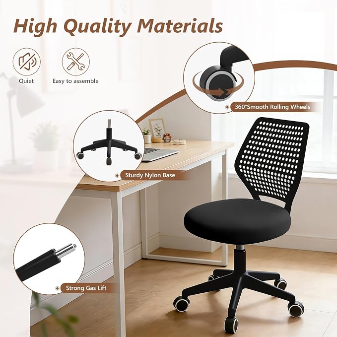 Small Office Chair with Wheels, Armless Desk Chair Height Adjustable Swivel Rolling Task Chair Breathable Mesh Ergonomic Computer Work Chair for Adult, Black