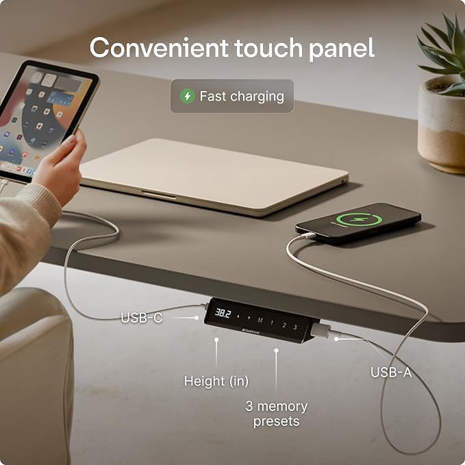 Desktronic HomeOne Standing Desk 48x24 — Ergonomic Sit Stand Home Office Desk, Made in Europe, Electric Dual Motor Height Adjustable, USB & USB-C Charging, Wobble-Free, Touchscreen, 3 Memory Presets