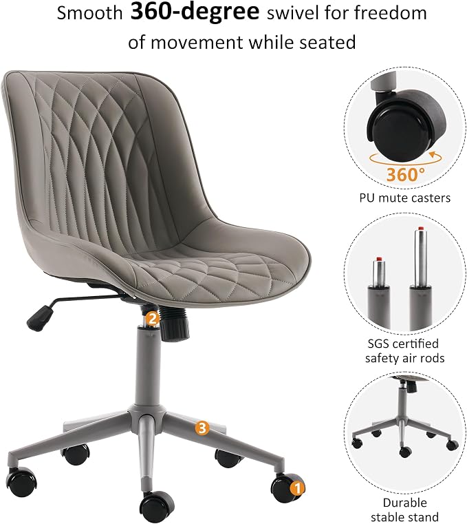 YOUNIKE Grey Faux Leather Ergonomic Office Chair Armless Comfy Desk Chair with Rocking Back Cute Swivel Vanity Chair with Wheels Height Adjustable Small Computer Task Chair for Sewing Drafting