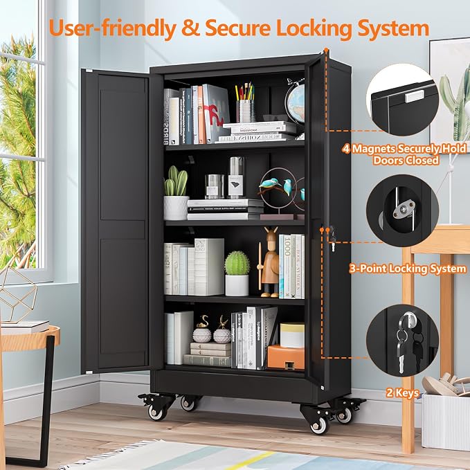 pozdeg 45.6" Metal Garage Storage Cabinets with Wheels, Lockable Rolling File Cabinets with 2 Doors and 3 Adjustable Shelves, Steel Tool Organizer Locker for Office Home Garage Gym School, Black
