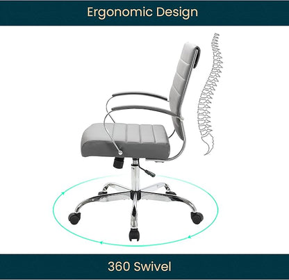 LeisureMod Benmar Leather Office Desk Chair, Mid-Back Ergonomic Swivel Chair with Lumbar Support, Adjustable Height, Tilt Lock, Cushioned Seat & Back, Home Office Task Chair (Grey, Single)