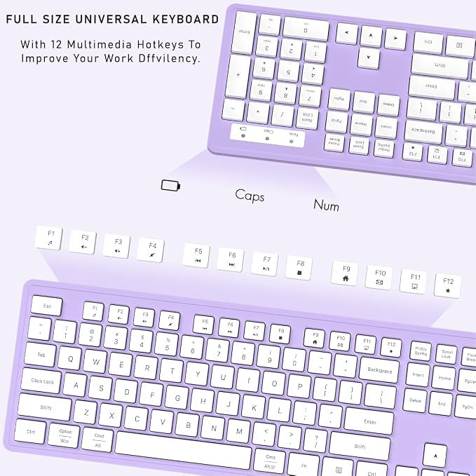 Wireless Keyboard and Mouse, 2.4GHz Cordless Keyboard Mouse Combo, Optical Mouse, Plug and Play USB Receiver, Compatible with Windows, Mac, Laptop, and PC（White Purple）