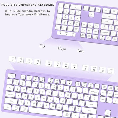 Wireless Keyboard and Mouse, 2.4GHz Cordless Keyboard Mouse Combo, Optical Mouse, Plug and Play USB Receiver, Compatible with Windows, Mac, Laptop, and PC（White Purple）