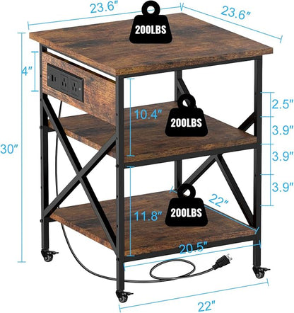 Rustic Brown 3 Tier Large Mobile Printer Stand | Built in power outlet adjustable storage shelves industrial rolling casters size 23.6 x 23.6x 30 inches home office storage
