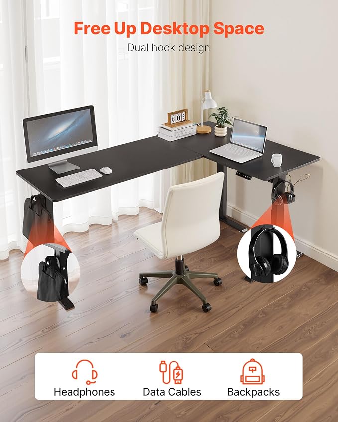 VEVOR L Shaped Standing Desk 71 x 47 inch, 3 Memory Height Adjustable, Electric Corner Standing Desk with Dual Motor, 2 Hooks & Cable Hole, Heavy Duty Carbon Steel Sit Stand Computer Workstation Table