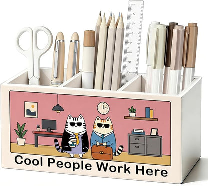 Funny Cat Pen Pencil Holder for Office Desk Accessories Decor | Funny Office Accessories for Women Men, Cool People Work Here Pen Pencil Wooden Organizer Decorations for Work Room Tabletop