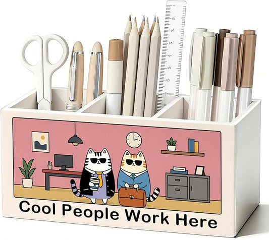 Funny Cat Pen Pencil Holder for Office Desk Accessories Decor | Funny Office Accessories for Women Men, Cool People Work Here Pen Pencil Wooden Organizer Decorations for Work Room Tabletop