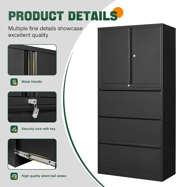 Letaya 3 Drawer Metal Storage Cabinets for Home Office,File Cabinet with Lock and 2 Adjust Shelves-Hang Filing Legal/Letter/A4/F4 Size（Black
