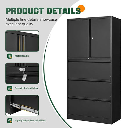 Letaya 3 Drawer Metal Storage Cabinets for Home Office,File Cabinet with Lock and 2 Adjust Shelves-Hang Filing Legal/Letter/A4/F4 Size（Black
