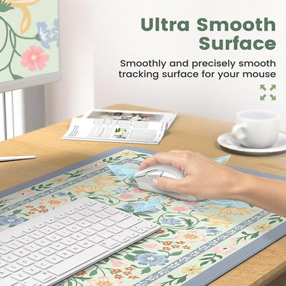 iCasso Desk Cover Mat, Gaming Mouse Pad Wrist Support Set,4in1 XXL Large Mousepad + Keyboard Wrist Rest+Mouse Wrist Rest+Coaster Set with Ergonomic Design for Home Office Table Computer(Green Flowers)