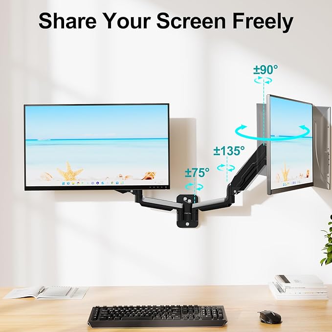 MOUNT PRO Dual Monitor Wall Mount for 13 to 32 Inch Screens, Wall Monitor Arm for 2 Monitors, Each Holds Up to 19.8lbs, Full Motion Wall Monitor Mount with VESA 75x75/100x100, Home Office Setup