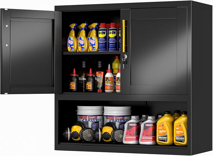 GAIOUS Metal Garage Wall Cabinet with Lock, Wall Mounted Steel Tool Cabinet | with Door and Shelf, Medicine Cabinet with Open Area, Hanging Cabinet for Garage Warehouse Bathroom Kitchen, Black