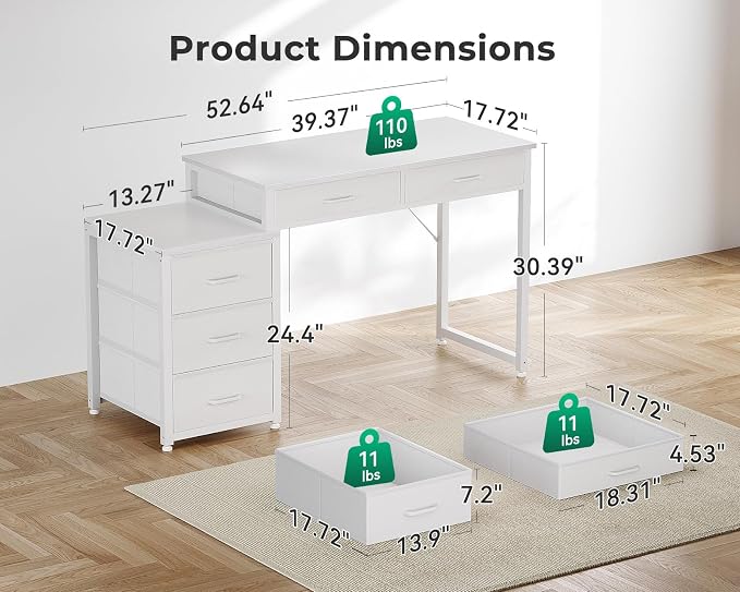 ODK Computer Desk with 5 Drawers, 53 Inch Office Desk with Printer Shelf, Reversible Vanity Desk for Home Bedroom, Writing Table Desk for Storage, White