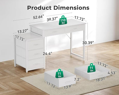 ODK Computer Desk with 5 Drawers, 53 Inch Office Desk with Printer Shelf, Reversible Vanity Desk for Home Bedroom, Writing Table Desk for Storage, White