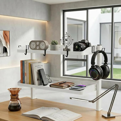 Clamp on Desk Shelf White, 24in 2-Tier Office Desk Shelves Organizer, Shelf for Top of Desk with Headphone Holder and Hooks, Desktop Storage Rack for Home Workspace, Study Rooms, Gaming Accessories