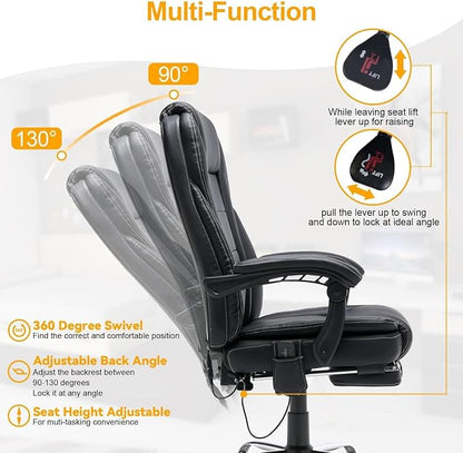 HOMREST 6-Point Massage Reclining Office Chair, Leather Heating Executive Chair, Ergonomic Home Office Desk Chair with Retractable Footrest,Computer Chair for Home Office, Study, Gaming