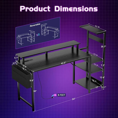 Apicizon 54 Inch Gaming Desk with LED Setup Style, Large Computer Desk with Storage Shelves & Dual Monitor Stand, Reversible Workstation for Small Space, Home Office Desk with Side Pocket