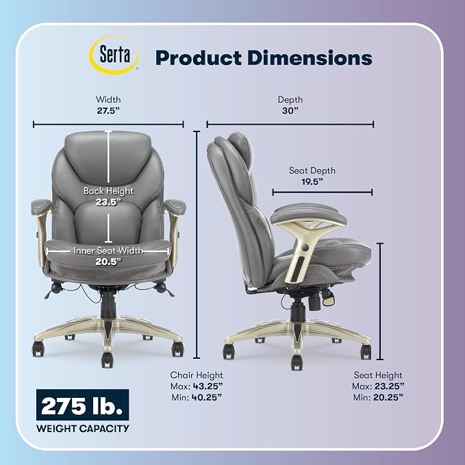 Serta Claremont Ergonomic Executive Office Chair with Back in Motion Technology, Adjustable Mid Back Desk Chair with Lumbar Support, Bonded Leather, Gray