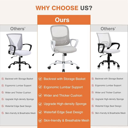 Sweetcrispy Ergonomic Mid-Back Mesh Home Office Desk Chair with Wheels, Managerial Executive Chair with Lumbar Support, and Comfortable Armrests for Home, Bedroom, Study, Office, Grey