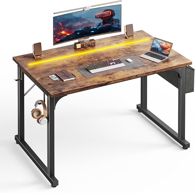 DurayLoly 40" Computer Desk with Waterproof LED Lights,Bedroom Study Desk for Teens,Dorm Room Essentials,Headphone Hook&Storage Bag for Small Spaces,Sturdy Metal Frame,Rustic Brown