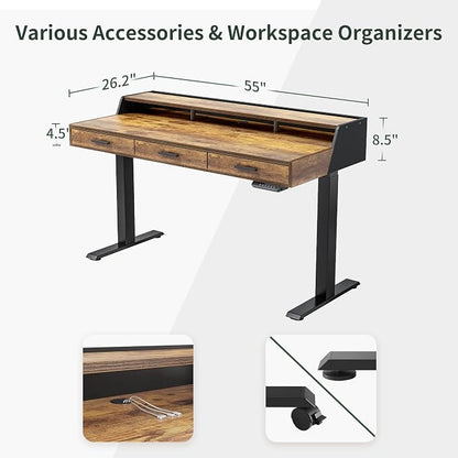 CubiCubi Standing Desk 55x26 Inches with 3 Wood Drawers and Monitor Shelf, Ergonomic Rising Home Office Desks, Height Adjustable Computer Desk, Sit Stand Up Electric Workstation Table, Antique Brown