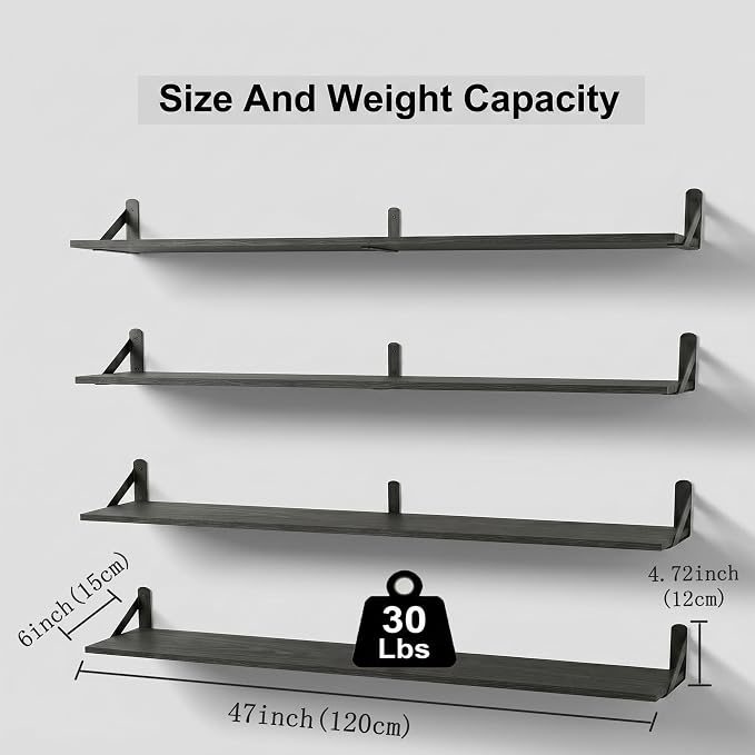 Long Wall Shelf,Large Floating Shelves for Wall,Wood Floating Bookshelves Hanging,Book Storage Display for Living Room Bedroom Office Bathroom Decor,4 Pack,47 Inch,Rustic Black