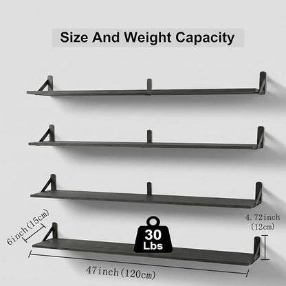 Long Wall Shelf,Large Floating Shelves for Wall,Wood Floating Bookshelves Hanging,Book Storage Display for Living Room Bedroom Office Bathroom Decor,4 Pack,47 Inch,Rustic Black
