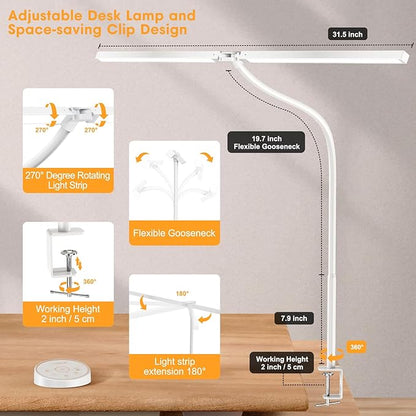 Pzloz Led Desk Lamp for Office Home - Eye Caring Architect lamp with Clamp,Dual Screen Computer Monitor Work Smart Light: 24W 5 Color Flexible Adjustable Lighting Table Lamp for Study White