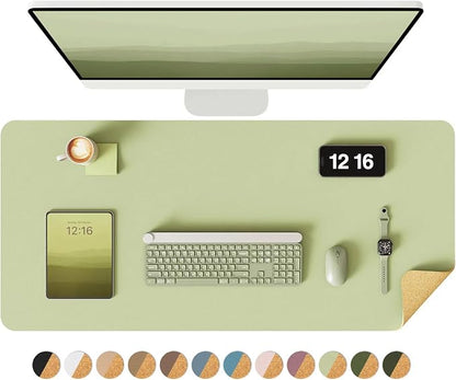 YSAGi Double-Sided Desk Pad, 35.4"x17" Leather Desk Mat, Eco Cork Desk Pad Protector,Large Mouse Pad,Waterproof Desk Blotter for Office/Home (Matcha Green/Cork)