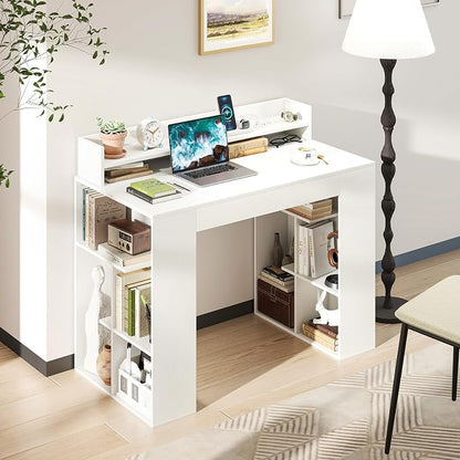 GOFLAME Computer Desk, 43” Home Office Desk with Power Outlets, Monitor Shelf, Bookshelf & Cable Hole, Modern Study Writing Desk, PC Workstation for Living Room Bedroom, White