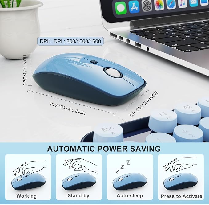 Blue Wireless Keyboard and Mouse Combo, Retro Typewriter Style Round Key Keyboard, 2.4GHz Full Size Aesthetic Bubble Keyboard with Number Pad for Long Nail PC Laptop Desktop Computer
