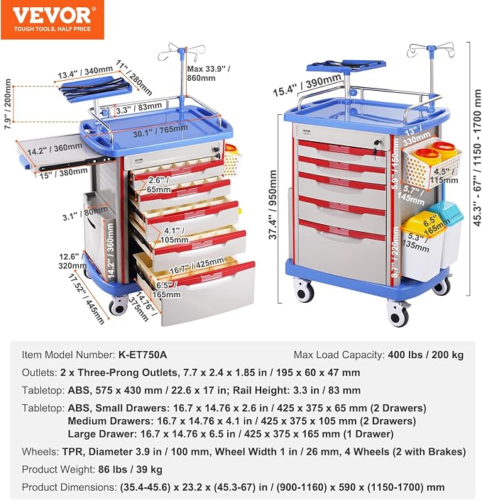 VEVOR Medical Crash Cart, Nursing Emergency Rolling Cart with 5 Drawers & 4 Silent Wheels, Adjust IV Pole, Needle Disposal Holder, Trash Bin, O2 Holder, Mobile Trolley for Hospital, Clinic, Lab, Salon
