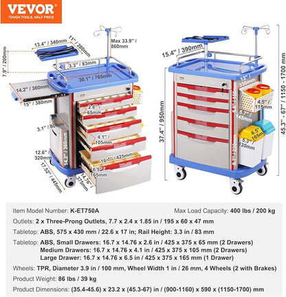 VEVOR Medical Crash Cart, Nursing Emergency Rolling Cart with 5 Drawers & 4 Silent Wheels, Adjust IV Pole, Needle Disposal Holder, Trash Bin, O2 Holder, Mobile Trolley for Hospital, Clinic, Lab, Salon