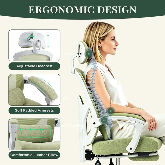 Ergonomic Office Chair with Footrest, High Back Home Desk Computer Chair with Lumbar Support & Headrest, 90-135° Reclining Mesh Back with Wheels for Work, Gaming, Green
