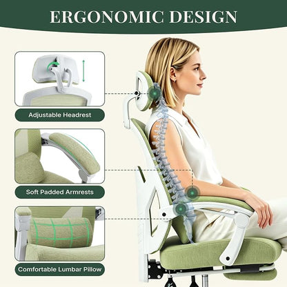 Ergonomic Office Chair with Footrest, High Back Home Desk Computer Chair with Lumbar Support & Headrest, 90-135° Reclining Mesh Back with Wheels for Work, Gaming, Green