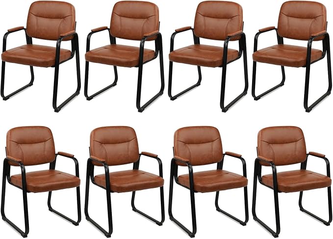 CLATINA Waiting Room Guest Chair with Bonded Leather Padded Arm Rest for Office Reception and Conference Desk Black with Sled Base Brown 8 Pack