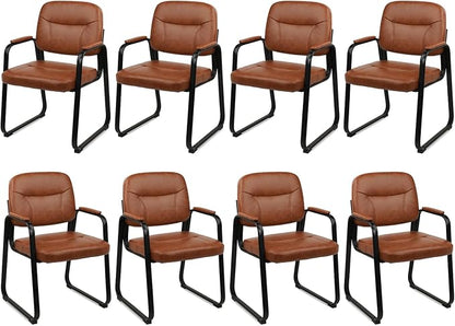 CLATINA Waiting Room Guest Chair with Bonded Leather Padded Arm Rest for Office Reception and Conference Desk Black with Sled Base Brown 8 Pack