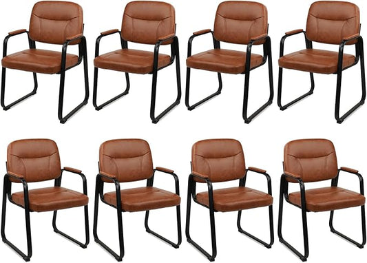 CLATINA Waiting Room Guest Chair with Bonded Leather Padded Arm Rest for Office Reception and Conference Desk Black with Sled Base Brown 8 Pack