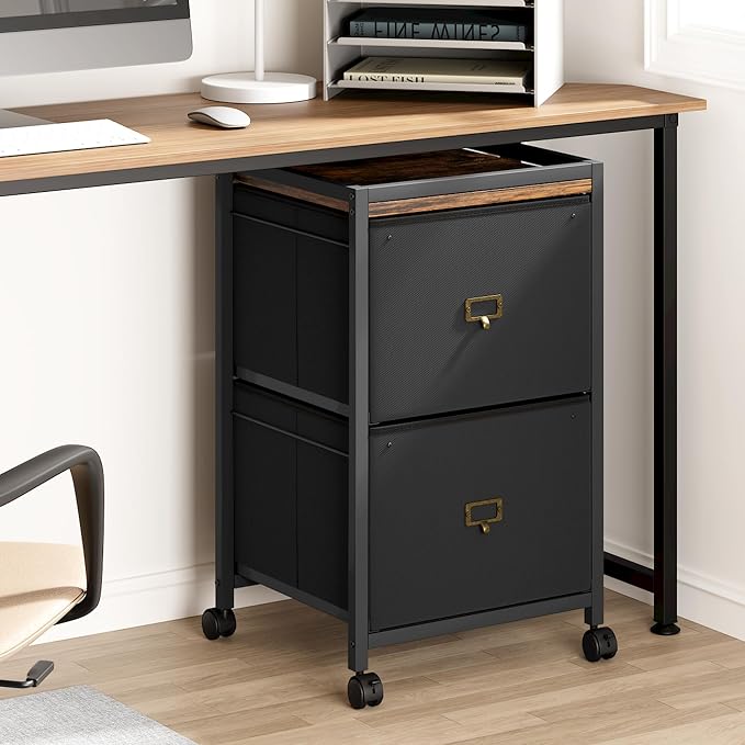 Garvee File Cabinet with 2 Drawers, Mobile Filing Cabinet Fits Letter Size or A4, Fabric Vertical File on Wheels, Home Office Small Under Desk Filing Storage Cabinets, Black