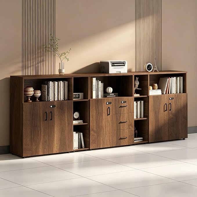 File Cabinet with Password Lock, Wood Lateral Filing Cabinet for Letter/A4 Files, 3 Drawer with Door, Printer Stand with Open Shelves for Home Office