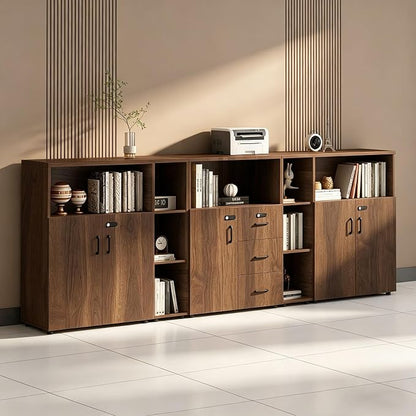 File Cabinet with Password Lock, Wood Lateral Filing Cabinet for Letter/A4 Files, 3 Drawer with Door, Printer Stand with Open Shelves for Home Office