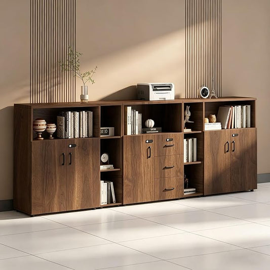 File Cabinet with Password Lock, Wood Lateral Filing Cabinet for Letter/A4 Files, 3 Drawer with Door, Printer Stand with Open Shelves for Home Office