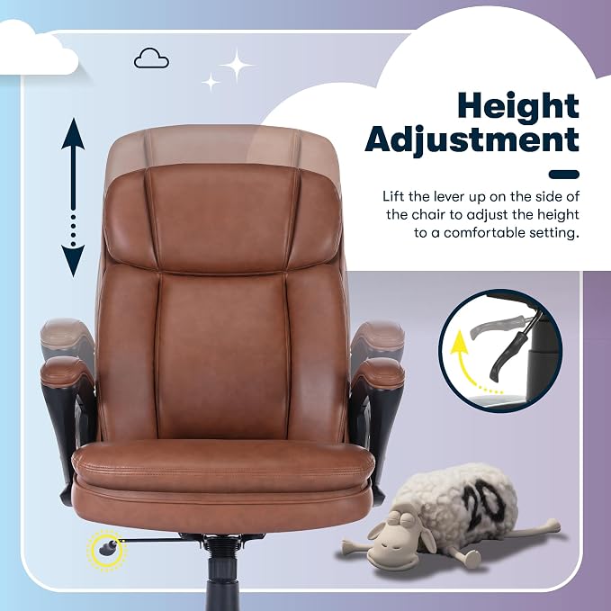 Serta Fairbanks Big & Tall Executive Office Chair, Ergonomic High-Back with Lumbar Support, Semi-Plush Seat Cushion and Body Pillows, Padded Armrests, Nylon Swivel Base, Bonded Leather, Cognac Brown