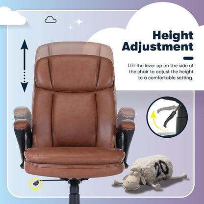 Serta Fairbanks Big & Tall Executive Office Chair, Ergonomic High-Back with Lumbar Support, Semi-Plush Seat Cushion and Body Pillows, Padded Armrests, Nylon Swivel Base, Bonded Leather, Cognac Brown