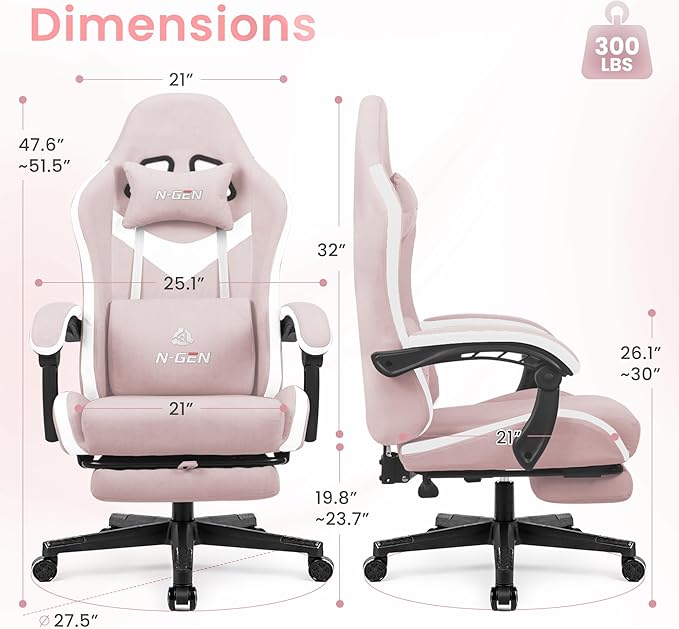 N-GEN GAMING Gaming Chair Video Game Computer Office Desk Use Ergonomic Reclining Backrest Adjustable Armrests Lumbar Support Footrest High Density Foam Breathable Fabric Heavy Duty Base (Pink)