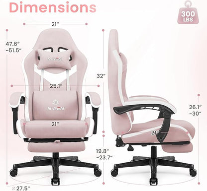 N-GEN GAMING Gaming Chair Video Game Computer Office Desk Use Ergonomic Reclining Backrest Adjustable Armrests Lumbar Support Footrest High Density Foam Breathable Fabric Heavy Duty Base (Pink)