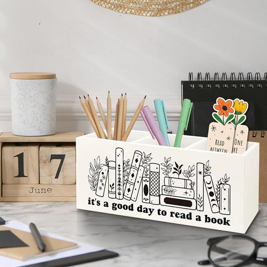 Bookmark Holder Decor Wooden Pen Pencil Holder for Desk, Book Club Gifts It's a Good Day to Read a Book Wood Makeup Brush Toothbrush Holder Organizer for Reading Corner Bedroom